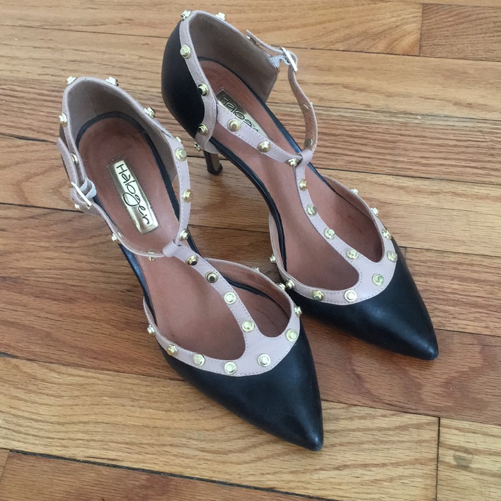 3” heel gold studded black pumps